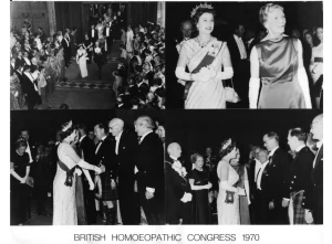Archival photographs from the British Homoeopathic Congress, 1970, showing Queen Elizabeth II attending the event.
